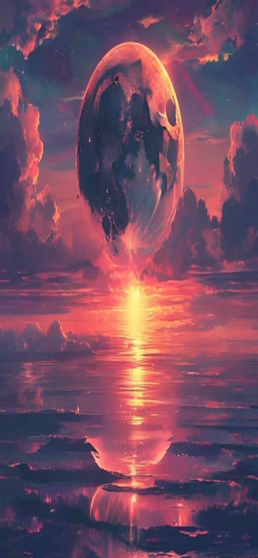 Giant Moon Touching Ocean Surface Anime Wallpaper