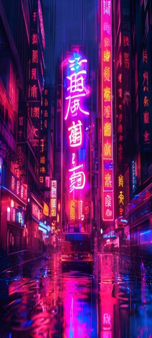 Vivid Neon Signs Chinese Characters Digital art Wallpaper