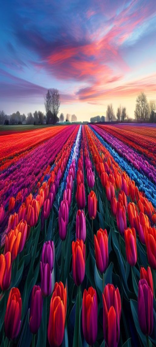 Breathtaking Tulip Field Rows Colors Photorealistic Wallpaper
