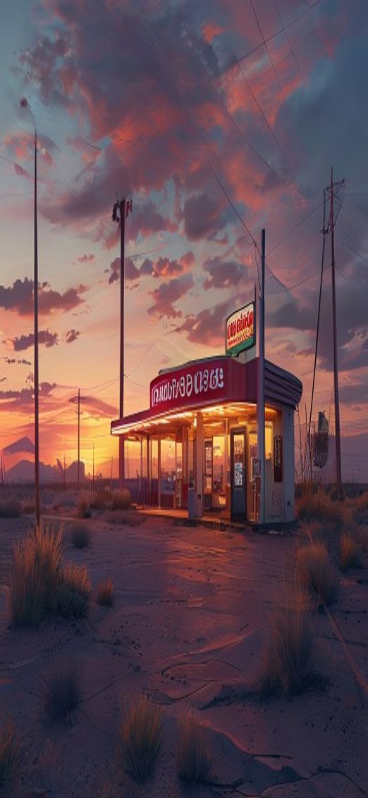 Mesmerizing Old Gas Station Desert Photorealistic Wallpaper