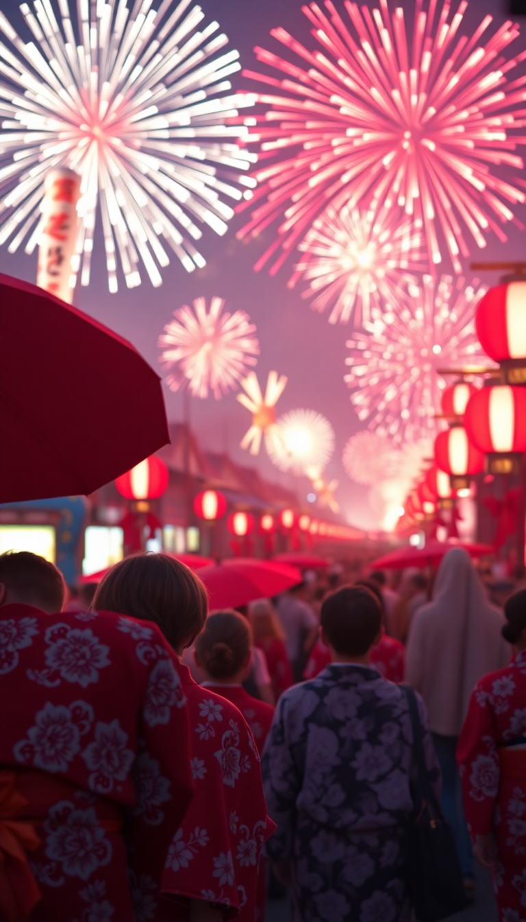 Summer Festival Fireworks Yukata Crowd Aesthetic Wallpaper