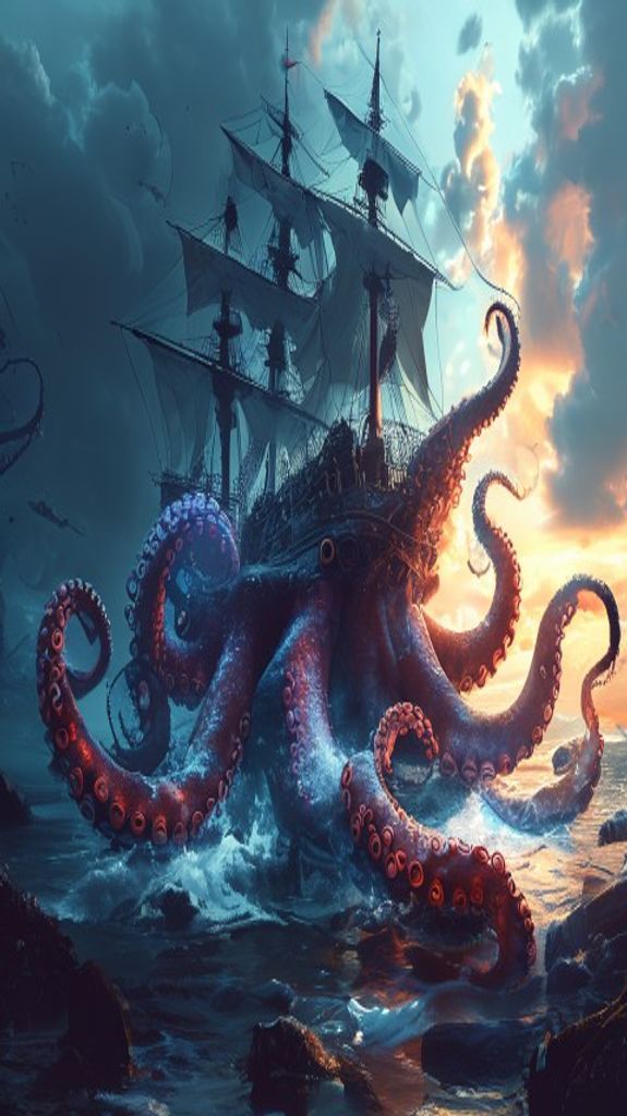 Tranquil Giant Octopus Shipwreck Deep Digital art Wallpaper