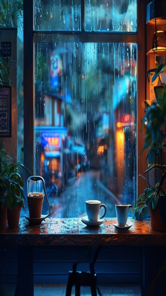 Surreal Coffee Shop Window Rain Aesthetic Wallpaper
