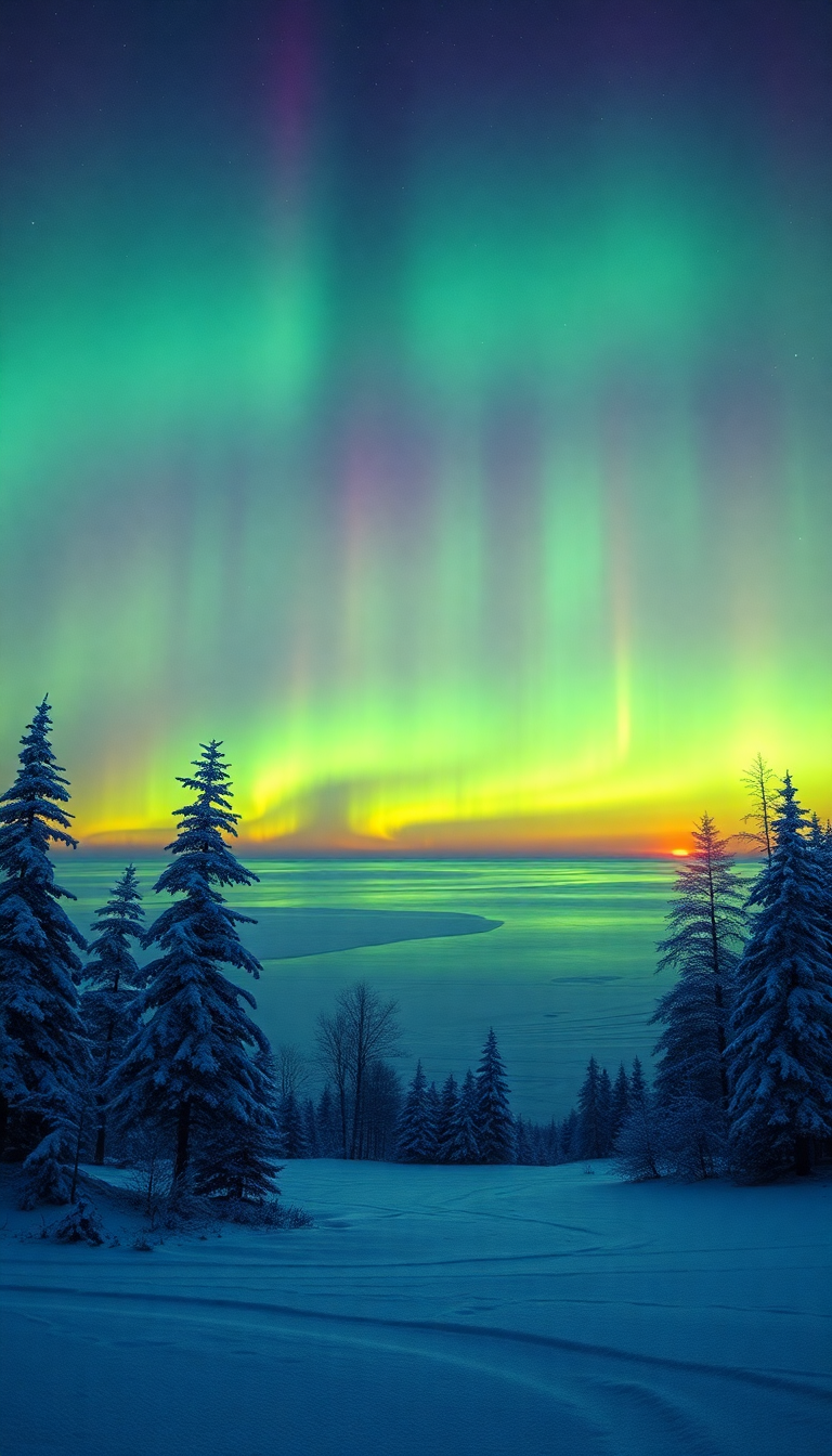Whimsical Winter Northern Lights Over Photorealistic Wallpaper