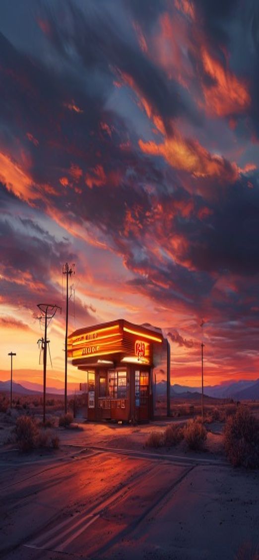 Crystal Old Gas Station Desert Photorealistic Wallpaper