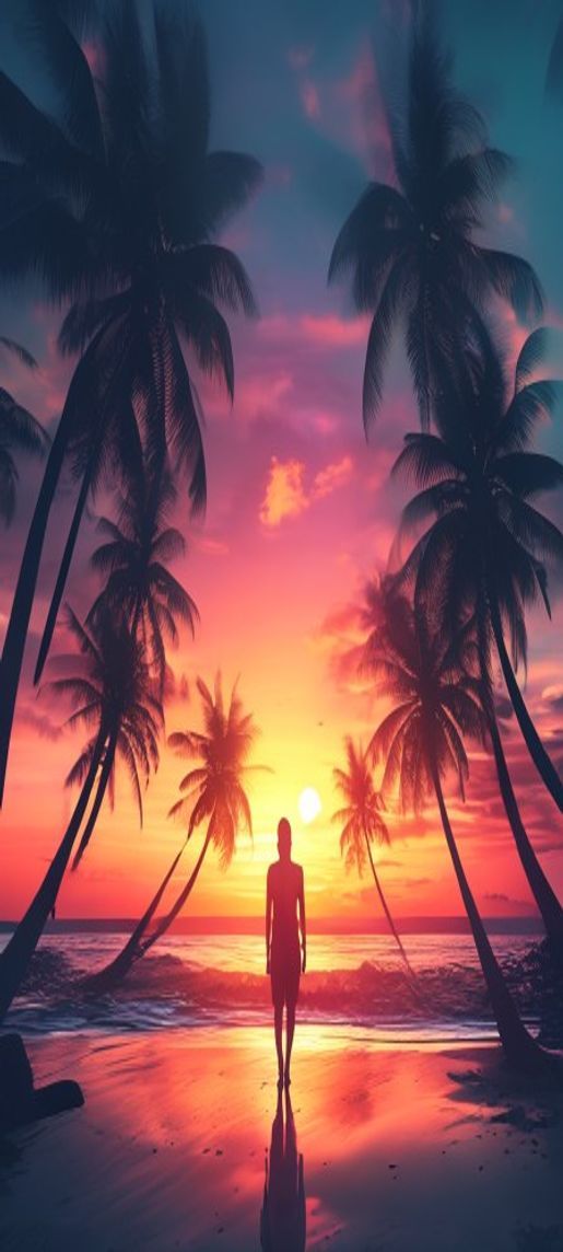 Fiery Summer Sunset Beach Silhouette Photorealistic Wallpaper