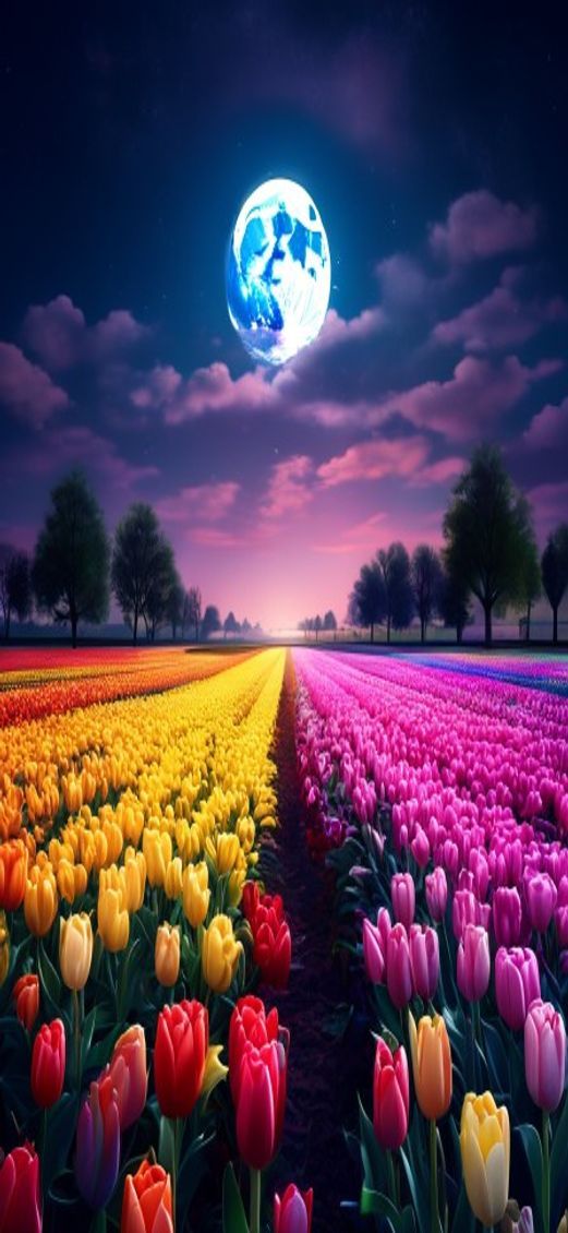 Moonlight Spring Tulip Field Colorful Photorealistic Wallpaper