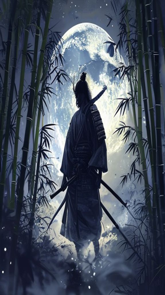Ethereal Samurai Silhouette Moonlit Bamboo Digital art Wallpaper