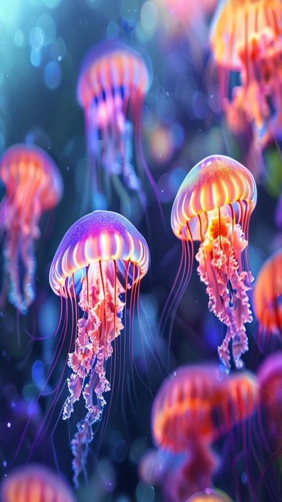 Mesmerizing School Jellyfish Pulsing Glowing Photorealistic Wallpaper